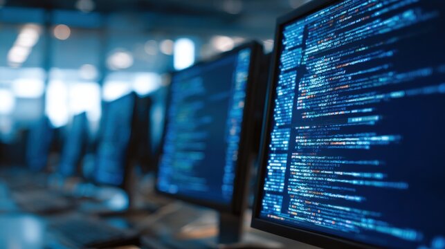 Screens showing lines of code in an office space during daytime with bright lights and modern design