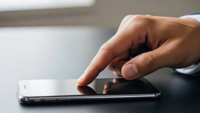 User's hand interacts with a sleek black smartphone, actively navigating applications on a dark desk, symbolizing digital connection and productivity - Powered by Adobe