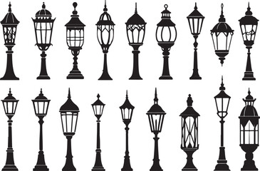 Ornamental Vintage Lantern Silhouette Collection &ndash; Decorative Lamp Post Vector Set