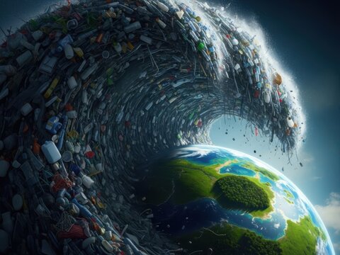 Giant wave of plastic trash engulfs planet Earth ocean pollution