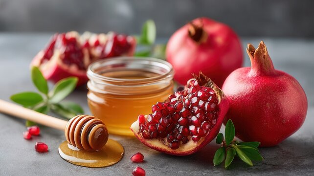 Pomegranate fruits and sweet honey in jar with wooden dipper, symbolizing holiday tradition hashanah rosh - Powered by Adobe