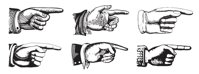 Obraz na płótnie Canvas Pointing hands engraving style vector set. Pointing symbols.