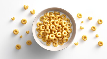 Cereal and milk breakfast: A top-down shot of a cereal bowl is filled with delightful breakfast cereal, swimming in a sea of fresh, creamy milk, alongside scattered hearts for a touch of whimsy.