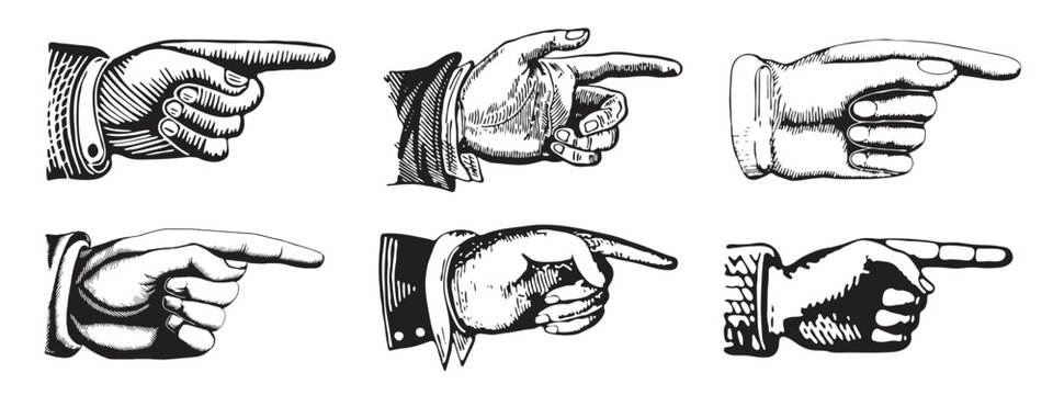 Pointing hands engraving style vector set. Pointing symbols.