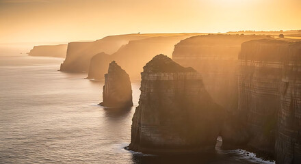 Golden light over the ocean cliffs with rock formations and misty horizon at sunset or sunrise ai generated