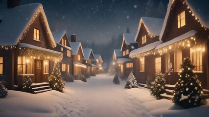 A snow covered village at night, warm glowing lights in windows - Powered by Adobe