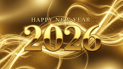 Golden New Year 2026 Celebration Elegant Typography and Abstract Glowing Lines for Festive Greetings