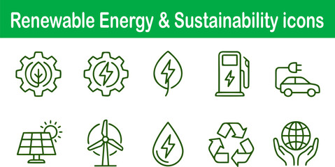 Renewable Energy and Sustainability Line Icons Set with Solar Panel, Wind Turbine, EV Charging, Recycling and Green Energy Symbols