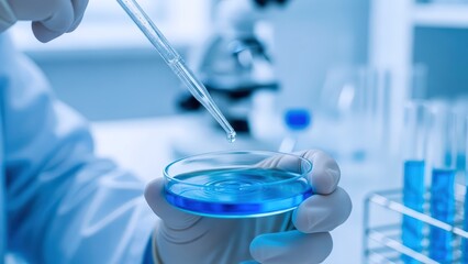 Researcher meticulously performs experiment, carefully pipetting vibrant blue liquid into a petri dish within a cutting-edge laboratory, driving scientific discovery