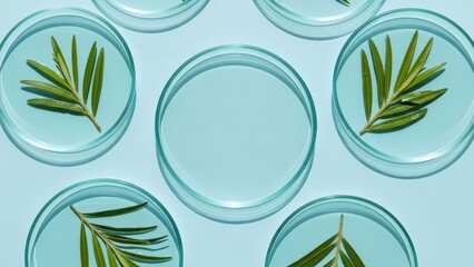 Botanical research featuring vibrant green leaves isolated in petri dishes, with an empty one symbolizing new discoveries on a tranquil blue background