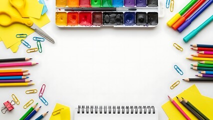 Art supplies frame with blank paper for creative projects and back to school