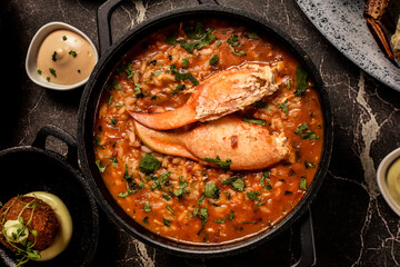 Portuguese traditional food Crab soup risotto meal on restaurant table in lisbon