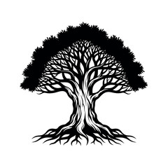 Stylized Black and White Tree with Intricate Branches and Roots.