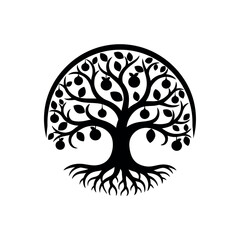 Stylized Tree of Life with Roots and Fruit in a Circular Design.