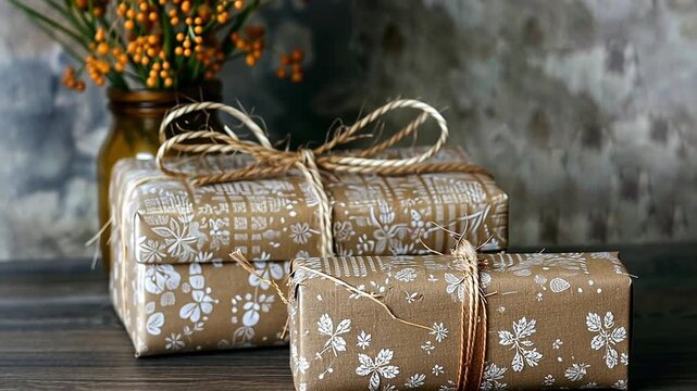Rustic handmade gifts wrapped in brown paper with twine bows. Holiday presents on a wooden table for a celebration. Slow zoom out revealing a festive composition