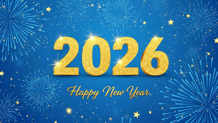 Happy New Year 2026 Celebration Banner with Blue Fireworks and Gold Numbers