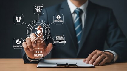 Insurance concept with businessman touching virtual shield icon.