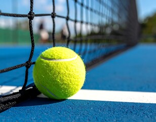 Tennis ball next to the net, resting on a blue court