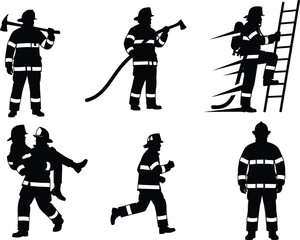 Firefighter silhouette vector, emergency rescue, fire hose, ladder climb, axe, rescue carry, running pose, black background, gear, bravery