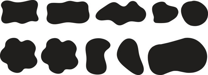 Vector collection of black liquid shapes and ink blobs. Irregular organic spots for modern minimalist design. Cow print or dalmatian pattern. Amorphous graphic elements.