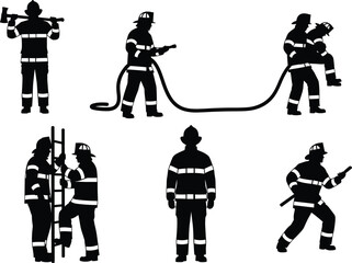 Firefighter silhouette vector, emergency rescue, fire hose, ladder teamwork, axe, pry tool, rescue carry, black background, gear, bravery