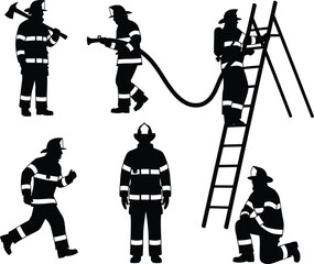 Firefighter silhouette vector, emergency rescue, fire hose, ladder teamwork, axe, running pose, kneeling, bravery, black background, uniform gear