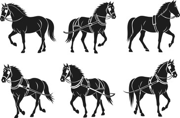 Harnessed horse silhouette set, trotting horse icons, carriage horse vector, black equine illustration, walking horse design, tack detail
