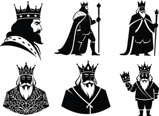 King silhouette illustration, crown, robe, scepter, royal profile, regal pose, vector art, black and white, stylized, monarch
