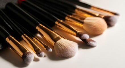 Makeup brushes in a neat fan on a clean white surface with soft lighting