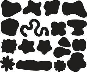 Vector collection of black liquid shapes and ink blobs. Irregular organic spots for modern minimalist design. Cow print or dalmatian pattern. Amorphous graphic elements.