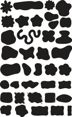 Vector collection of black liquid shapes and ink blobs. Irregular organic spots for modern minimalist design. Cow print or dalmatian pattern. Amorphous graphic elements.