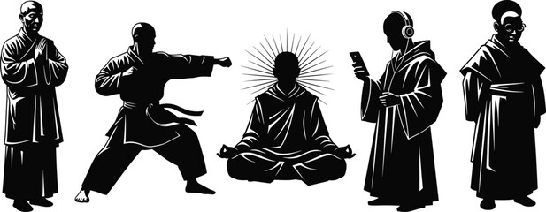 Modern monk illustration, spiritual pose, martial arts stance, tech monk, meditation, scholar figure, vector art, robe, silhouette, stylized