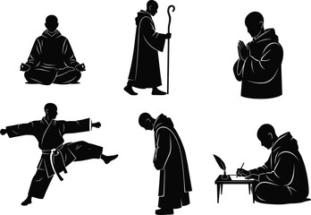 Monk silhouette illustration, meditation pose, martial arts kick, prayer gesture, writing monk, bowing figure, vector art, robe, staff