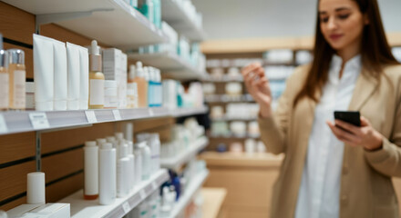 Woman browses cosmetics on a store shelf while checking her smartphone