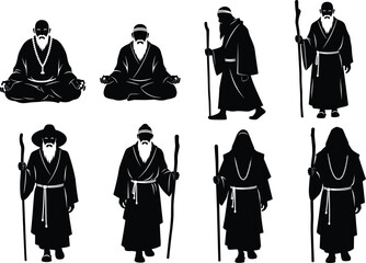 Monk silhouette illustration, spiritual poses, staff figure, robe attire, beaded necklace, meditation, walking stance, vector art, sage, tradition