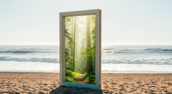 Doorway on beach opens to a sunlit forest path and lush greenery inviting exploration - Powered by Adobe