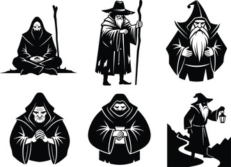 Mystical monk illustration, wizard silhouette, staff pose, lantern walk, scroll reading, meditation, fantasy character, robe figure, vector art, nature