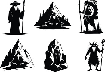 Mystical wizard illustration, forest mountain setting, staff pose, meditation, lantern guidance, fantasy character, robe figure, vector art, nature, solitude