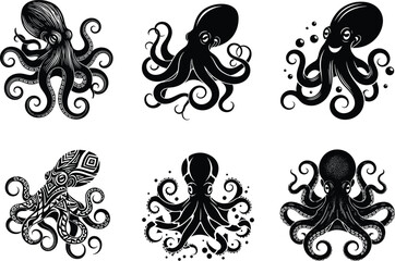 Octopus illustration set, cartoon and tribal octopus, black and white tentacle art, marine vector icons, sea creature graphics