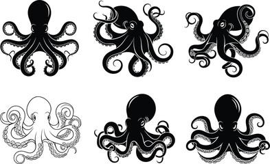 Octopus illustration set, stylized octopus designs, vector marine icons, tentacle art, sea creature graphics, black and white octopus