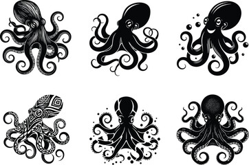 Octopus illustration set, tribal octopus designs, black and white tentacle art, marine vector icons, decorative sea creature graphics