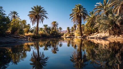 Tranquil desert oasis with palm reflection high resolution HD images