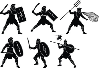 Roman gladiator silhouettes, sword, shield, trident, net, spear, combat poses, ancient warrior, vector art, black and white, helmet