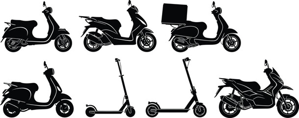 Scooter silhouette set, motor scooter icons, delivery scooter, electric kick scooter vector, urban transport design, black vehicle illustration