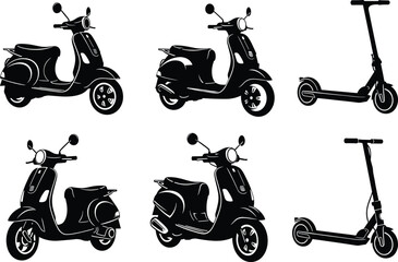 Scooter silhouette set, motor scooter icons, electric kick scooter vector, personal transport design, black vehicle illustration, urban mobility art