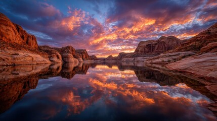 Sunset over water reflecting mountains and sky at Lake Powell in Utah, casting colors on surrounding rocks and clouds
