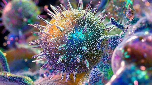 Microscopic 3D animation of a colorful virus cell. Detailed visualization of a pathogen causing disease. Science and virology research concept
