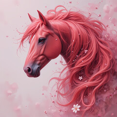  A red horse stallion with flowing pink mane and tail, soaring through a dreamy. 2026 New Year