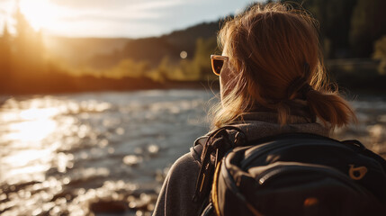 Fototapeta premium traveler. A female traveler admiring a scenic river view, illuminated by golden hour sunlight with a blurred natural backdrop. tourism brochures.