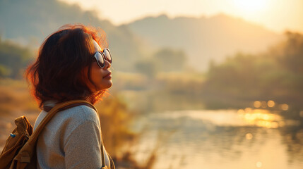 traveler. A female traveler admiring a scenic river view, illuminated by golden hour sunlight with a blurred natural backdrop. tourism brochures.